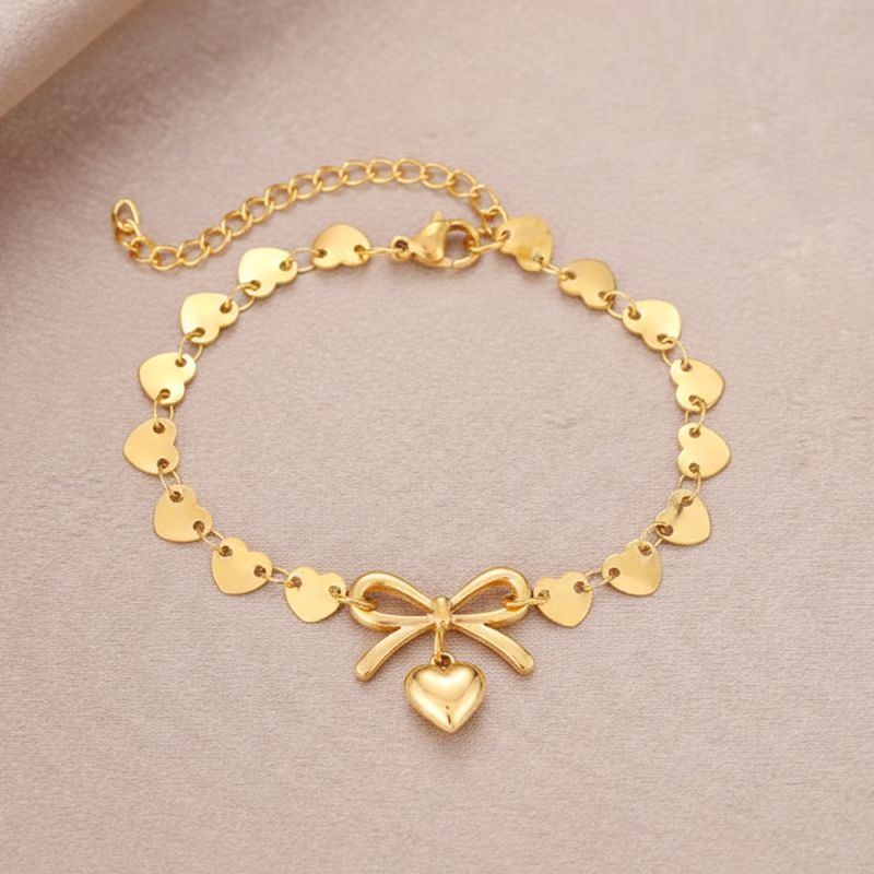Gold Stainless Steel Heart Bow Bracelet