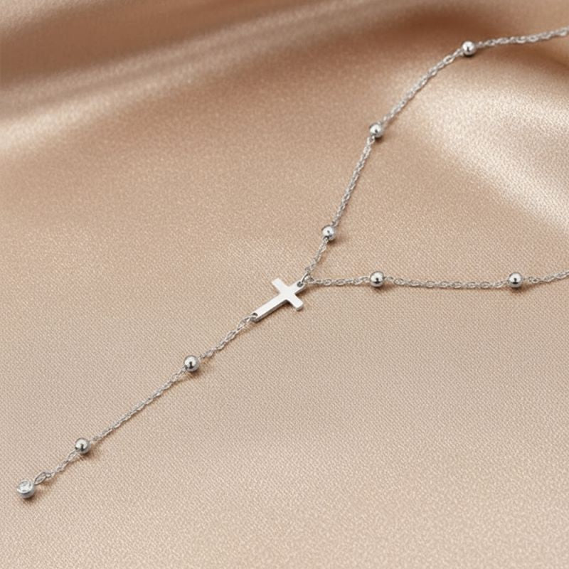Gold Stainless Steel Cross Beaded Necklace