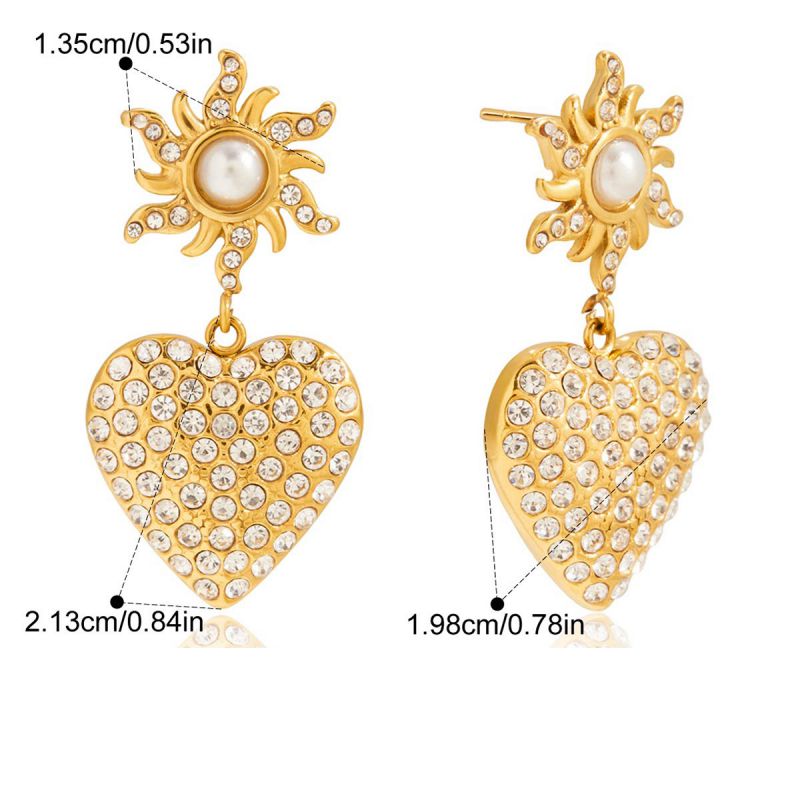 Gold Stainless Steel Diamond-encrusted Heart-shaped Sun Earrings