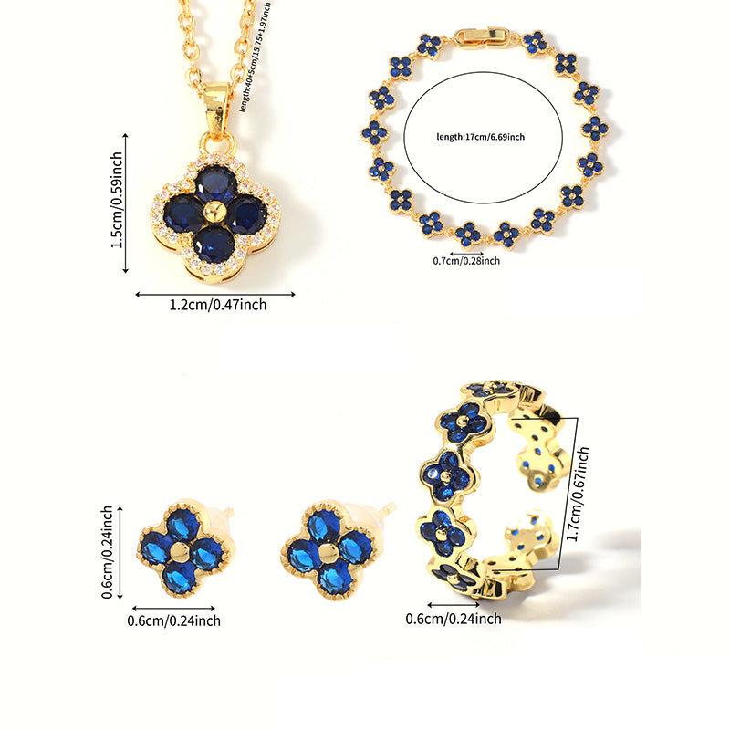 Set 1# Copper And Diamond-encrusted Four-leaf Clover Necklace Bracelet Ring And Earring Set