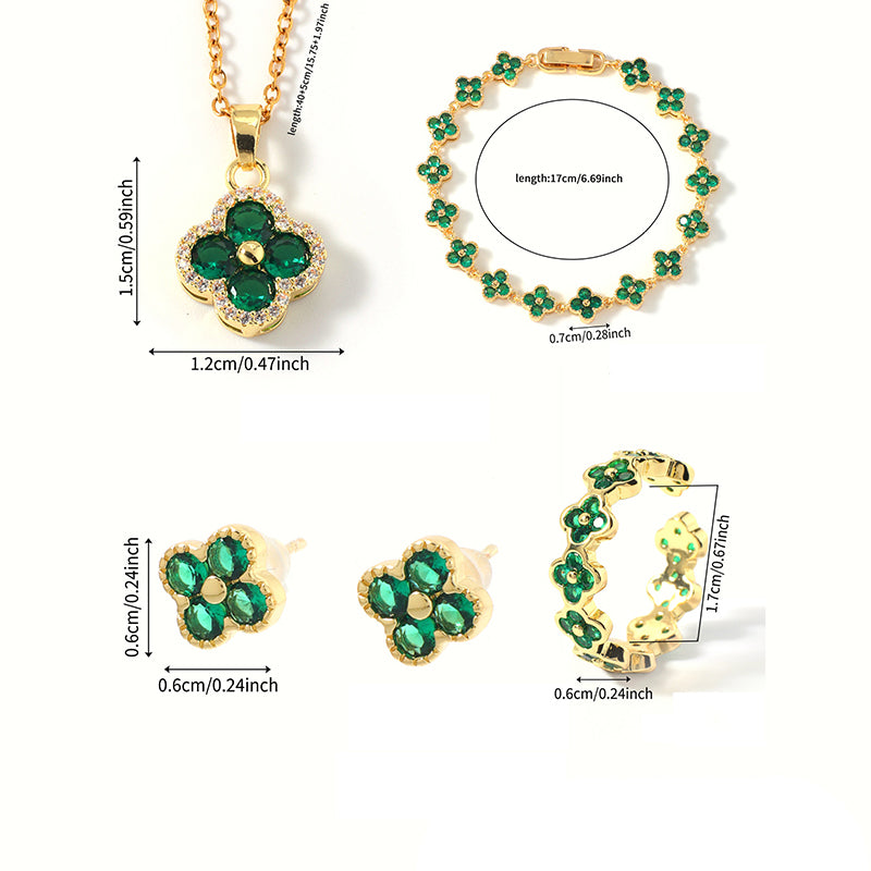 Set 1# Copper And Diamond-encrusted Four-leaf Clover Necklace Bracelet Ring And Earring Set