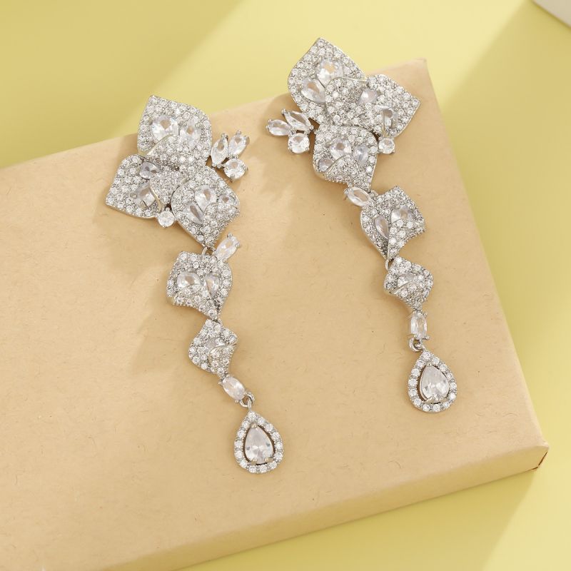 Silver Rose Copper And Diamond-encrusted Flower Earrings