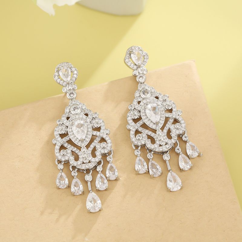 Silver Rose Copper And Diamond-encrusted Flower Earrings