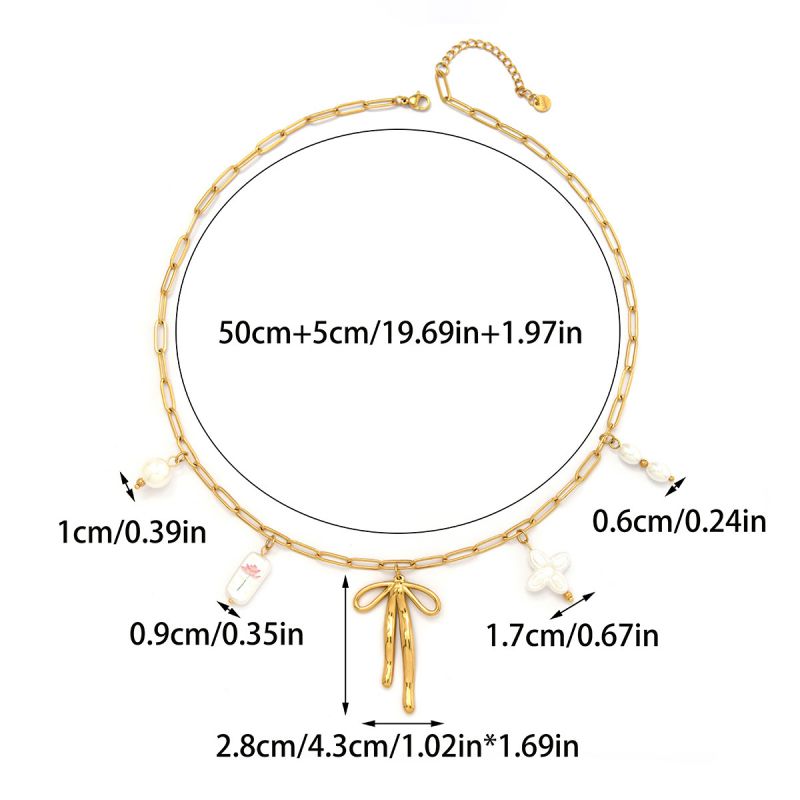 Gold Stainless Steel Bow Mother-of-pearl Flower Necklace