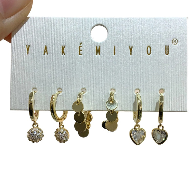 Gold 6-piece Set Of Copper-set Zircon Heart-shaped Tassel Earrings