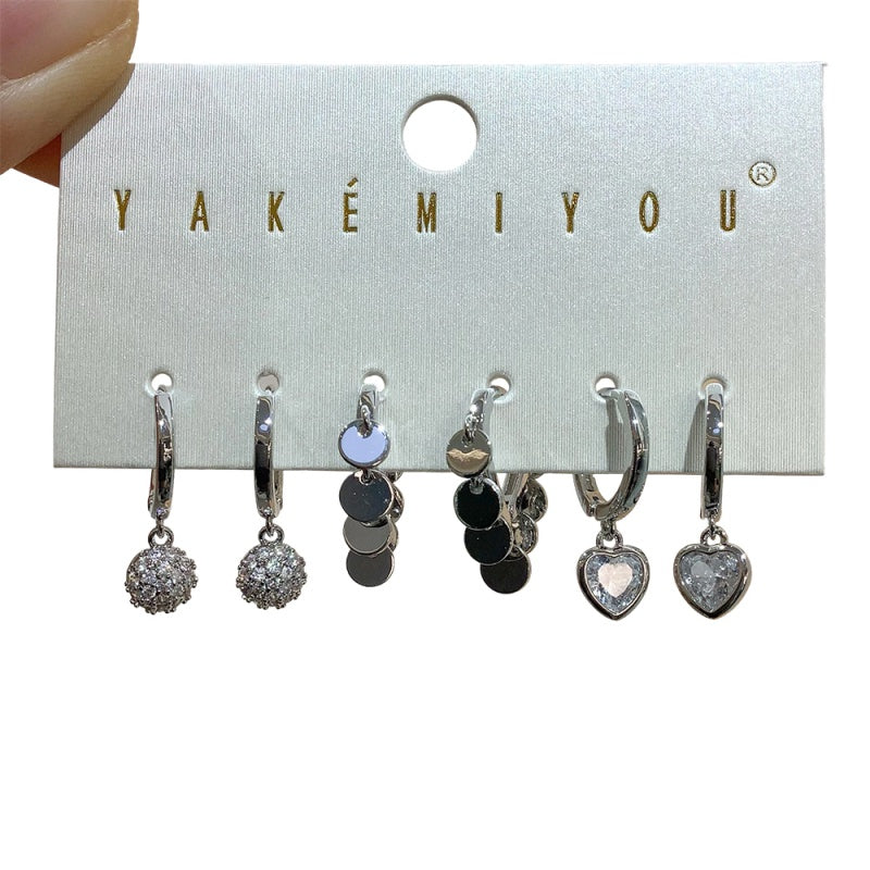 Gold 6-piece Set Of Copper-set Zircon Heart-shaped Tassel Earrings