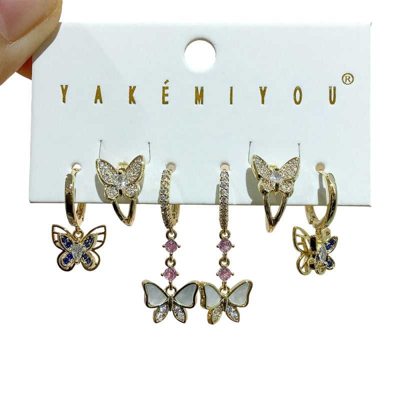 Gold 6-piece Set Of Copper And Zircon Shell Butterfly Earrings