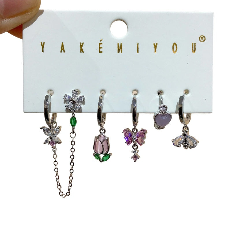 Silver 6-piece Set Of Copper And Zircon-set Butterfly And Flower Chain Earrings