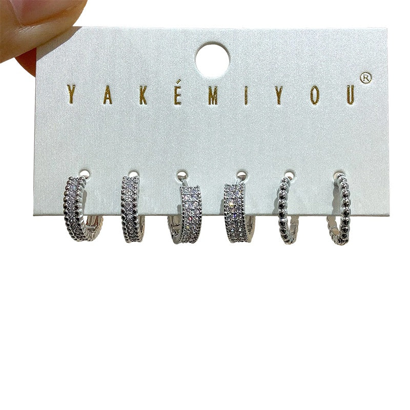 Silver 6-piece Set Of Bronze Round Hoop Earrings Inlaid With Zircon