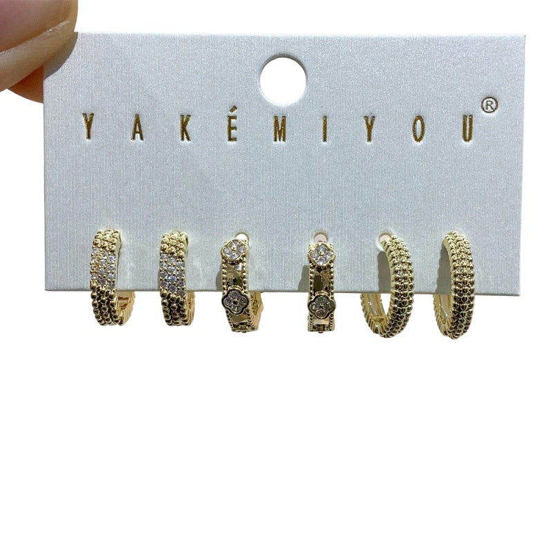 Silver 6-piece Set Of Bronze Round Hoop Earrings Inlaid With Zircon