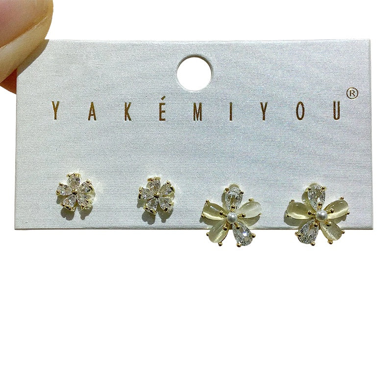 Gold 4-piece Set Of Copper-set Zircon Flower And Pearl Earrings