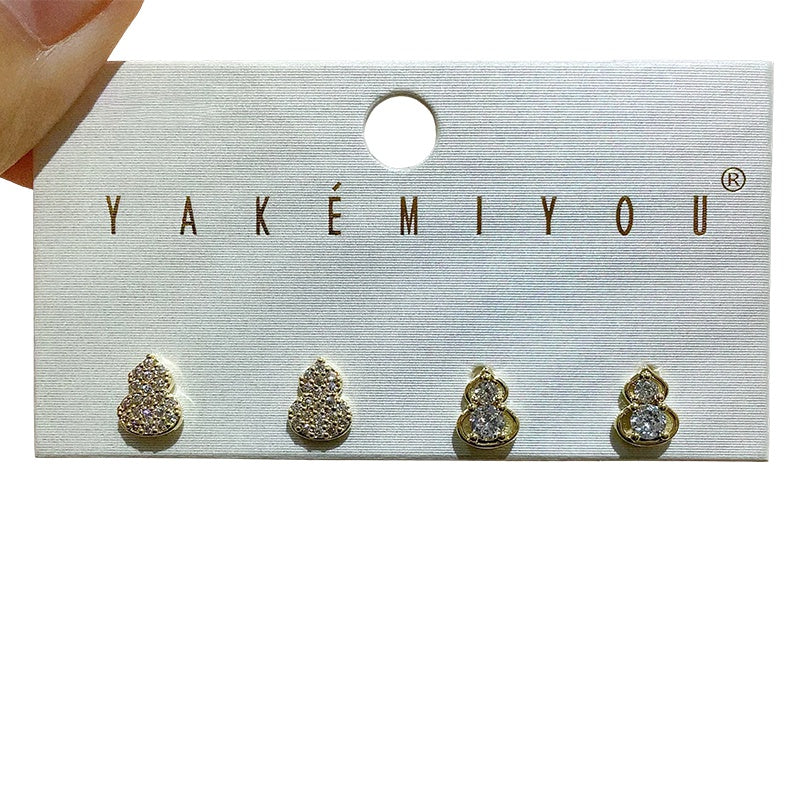 Gold 4-piece Set Of Copper Gourd Earrings Inlaid With Zircon