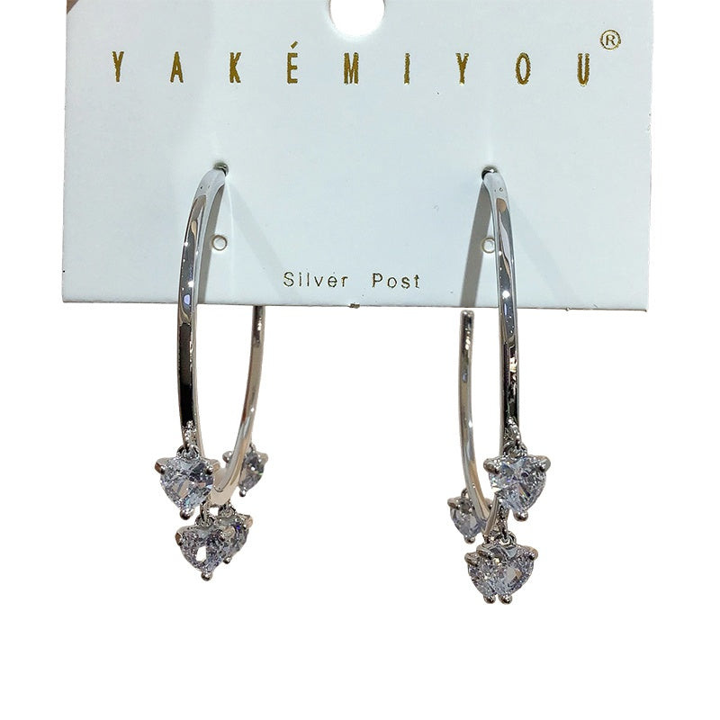 White Diamond Heart-shaped Zircon Tassel Copper Earrings