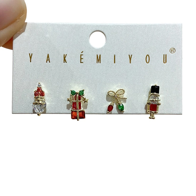 Silver Copper-set Zircon Christmas Earring Set (4 Pieces)
