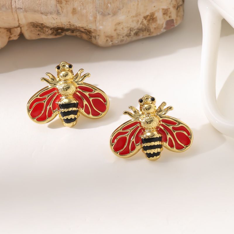 Red And Black Stainless Steel Bee Earrings