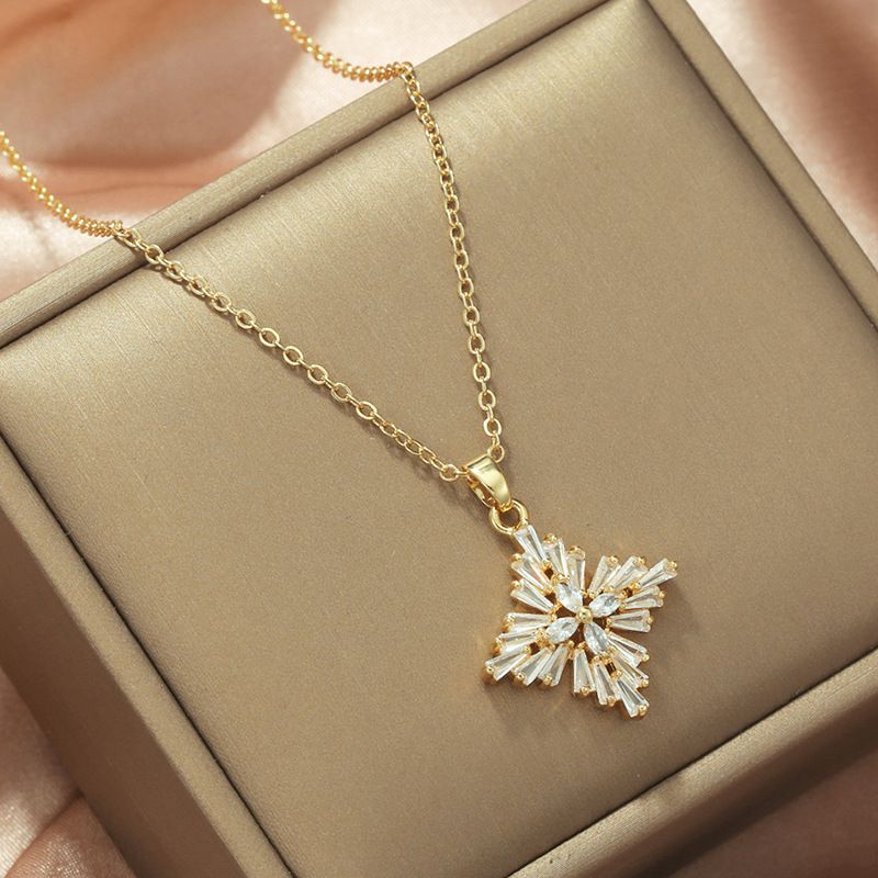 Titanium Steel Chain + 18k Gold:white Zircon Diamond Snowflake Necklace Copper Diamond-encrusted Rhombus Snowflake Necklace