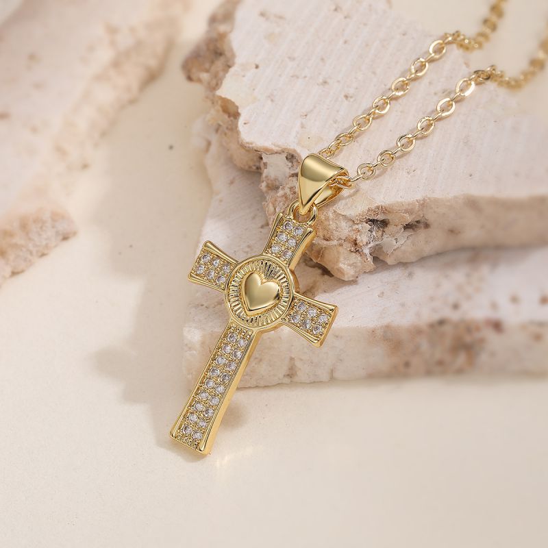 Love Copper Diamond-encrusted Heart Cross Necklace