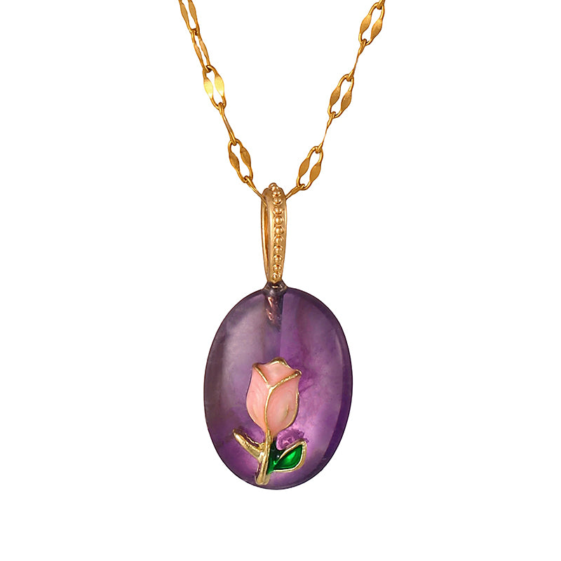 Purple Oval Natural Stone Drop Flower Titanium Steel Necklace