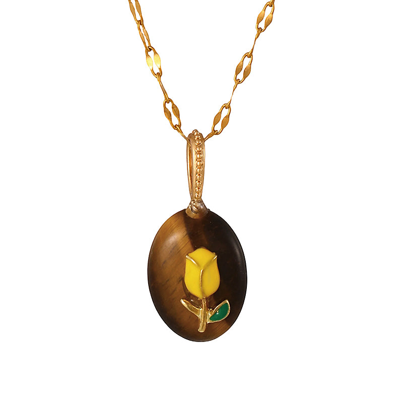 Purple Oval Natural Stone Drop Flower Titanium Steel Necklace