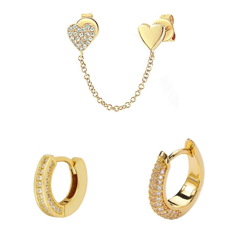Gold Set Gold-plated Copper And Diamond-encrusted Heart Earring Set
