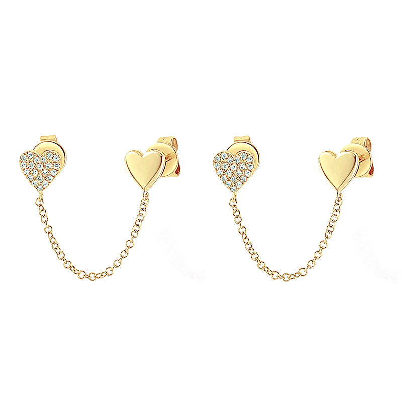 Gold Set Gold-plated Copper And Diamond-encrusted Heart Earring Set