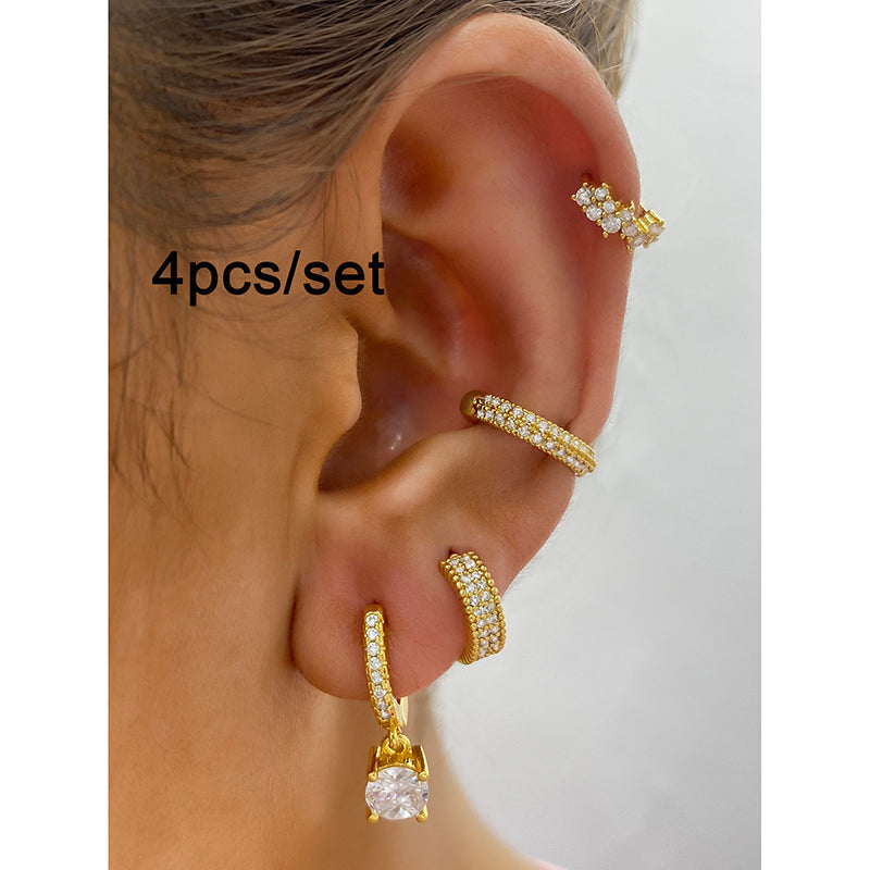 Gold Set Bronze-plated Diamond-encrusted Round Earring Set