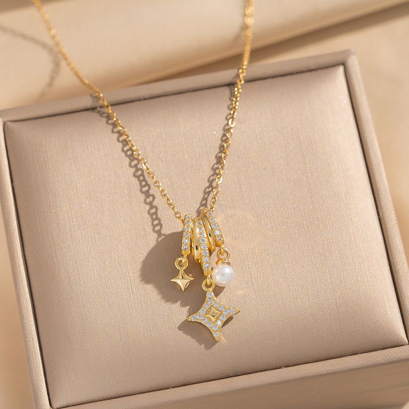 Golden Pearl Star Ring Necklace Copper And Diamond Star Necklace