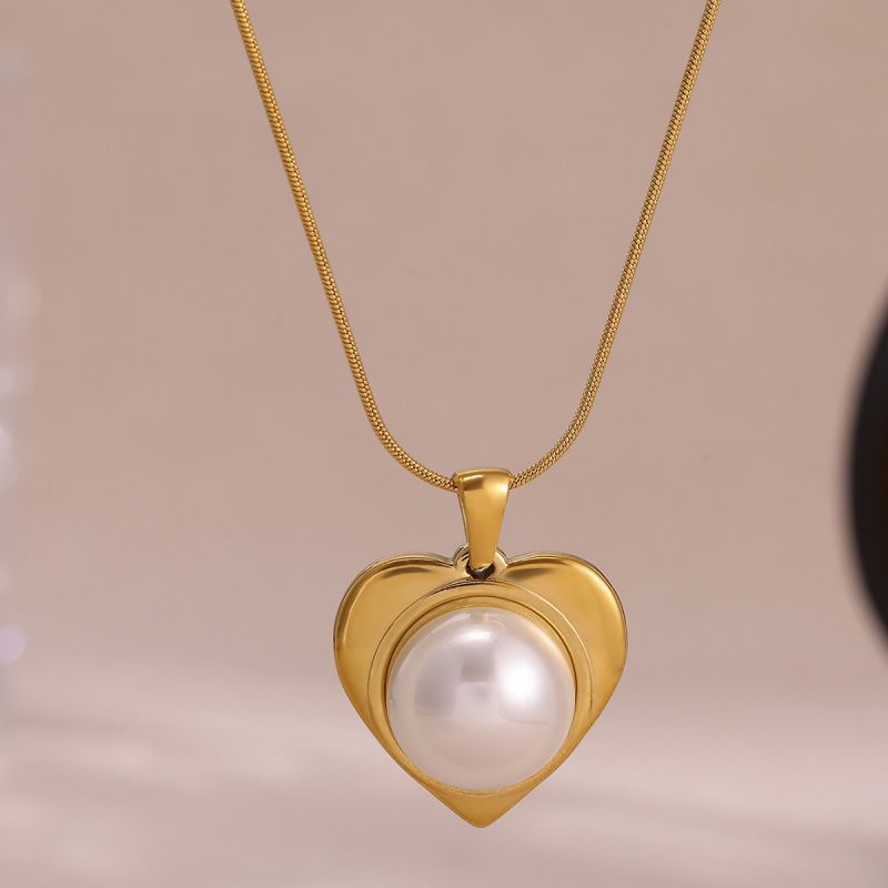 Gold Titanium Steel Heart Pearl Necklace