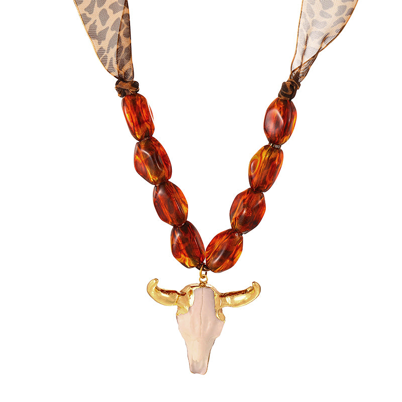 Brown Bullhead Resin Beaded Leopard Print Mesh Necklace
