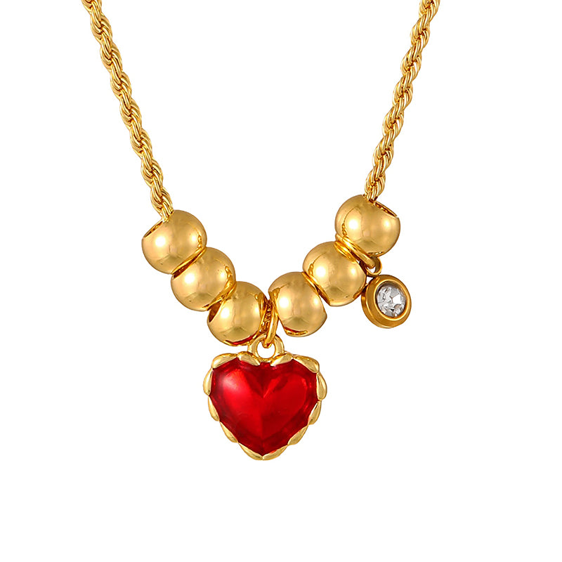 Gold 1 Copper-set Zircon Drip Heart-shaped Beaded Braided Chain Necklace
