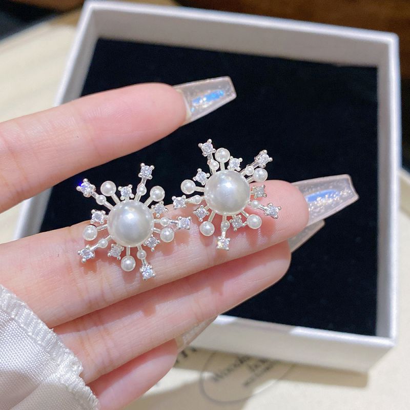 Silver Copper Snowflake Pearl Earrings