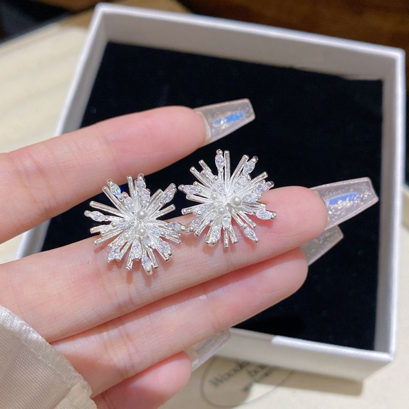 Silver Copper Snowflake Pearl Earrings