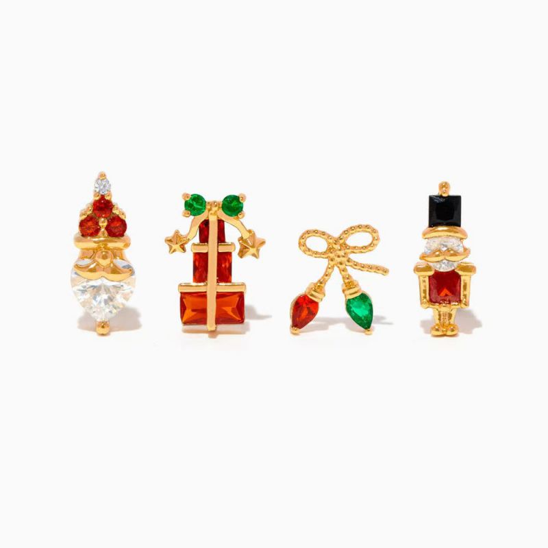 Gold Copper And Diamond-encrusted Gift Box Bow Earring Set