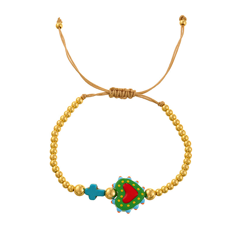 Color 1 Ceramic Dripping Color-blocked Heart Cross Beaded Braided Bracelet