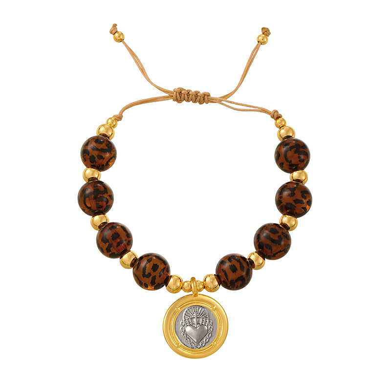 Gold 1 Circular Religious Series Beaded Leopard Print Braided Bracelet