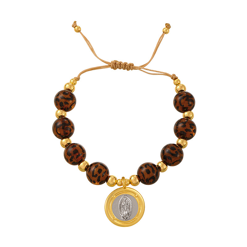Gold 1 Circular Religious Series Beaded Leopard Print Braided Bracelet