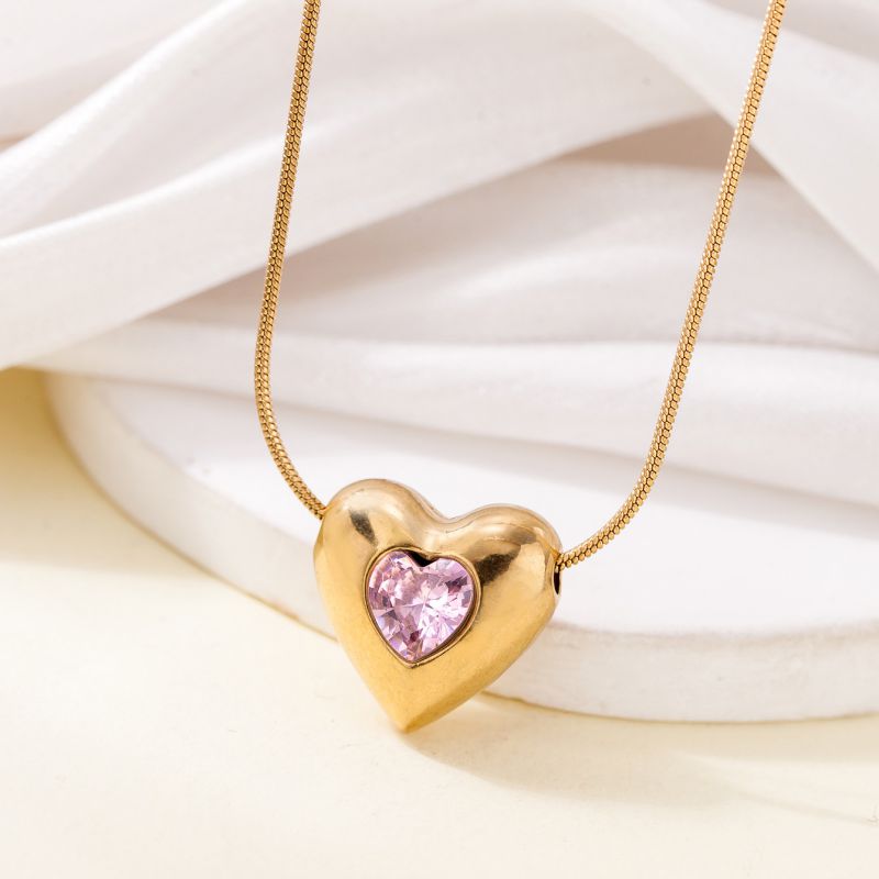 White Stainless Steel Diamond-encrusted Heart Necklace