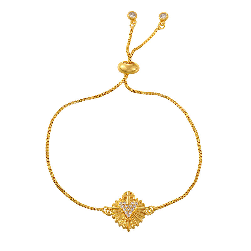 Gold 1 Copper-set Zircon Heart-shaped Cross Bracelet