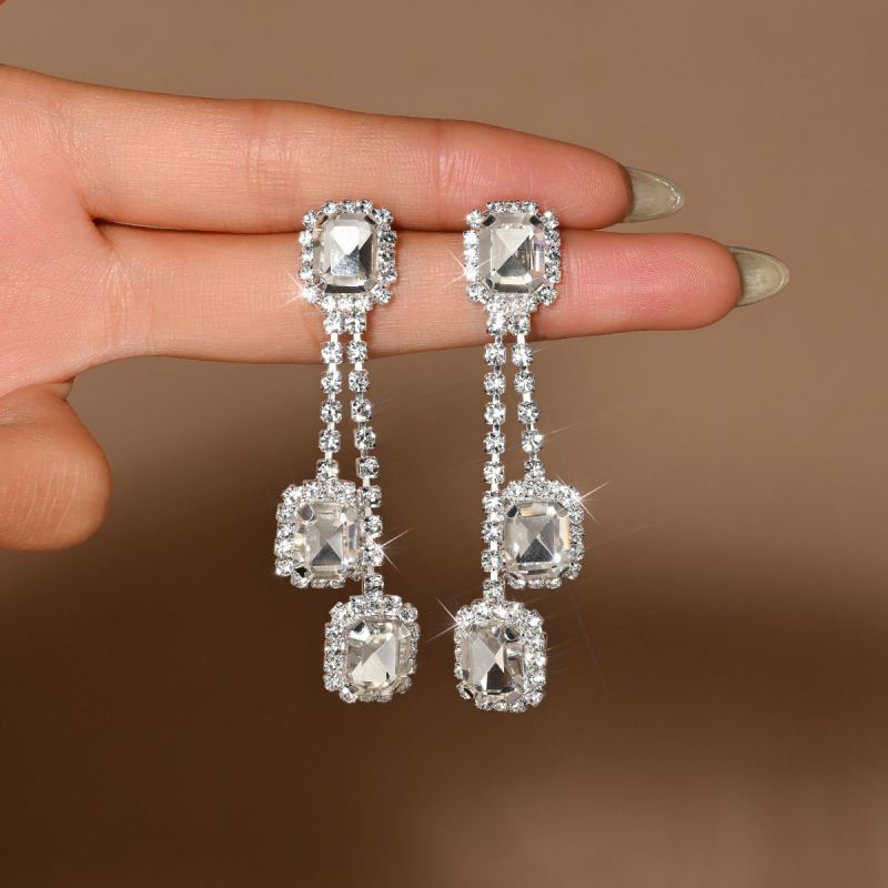 White Brass And Diamond Square Earrings