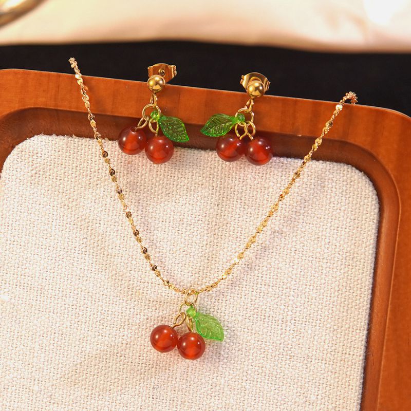 Set Stainless Steel Cherry Necklace And Earring Set