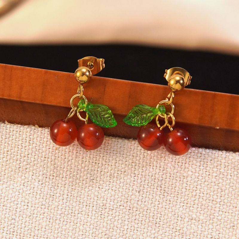 Set Stainless Steel Cherry Necklace And Earring Set