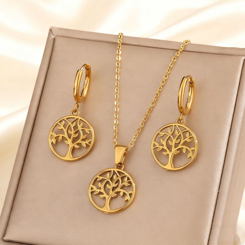 Set Stainless Steel Tree Of Life Necklace And Earring Set