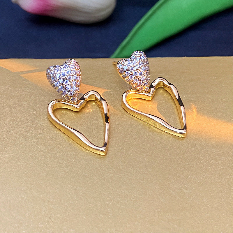 Gold (thickened Genuine Gold Plating) Copper And Diamond Heart Earrings