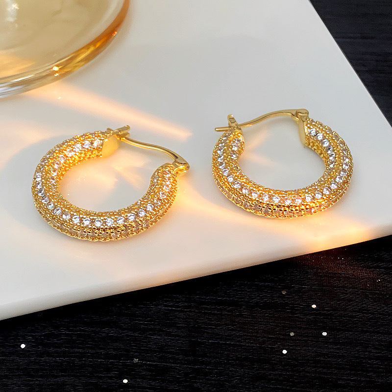 Gold (thickened Genuine Gold Plating) Copper Round Earrings With Diamonds