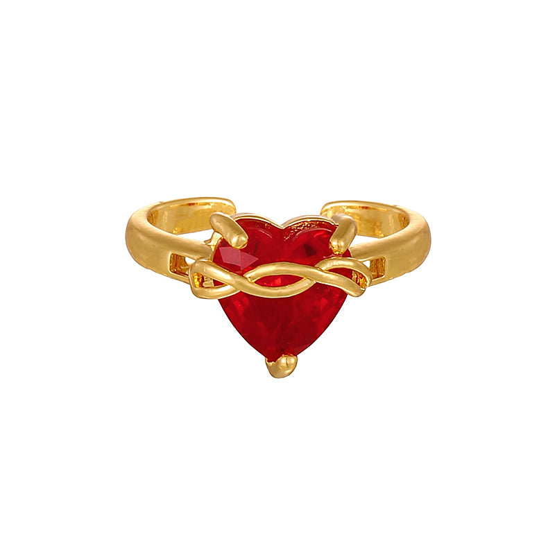 Red 2 Copper Ring With Zircon Setting And Irregular Heart-shaped Opening.