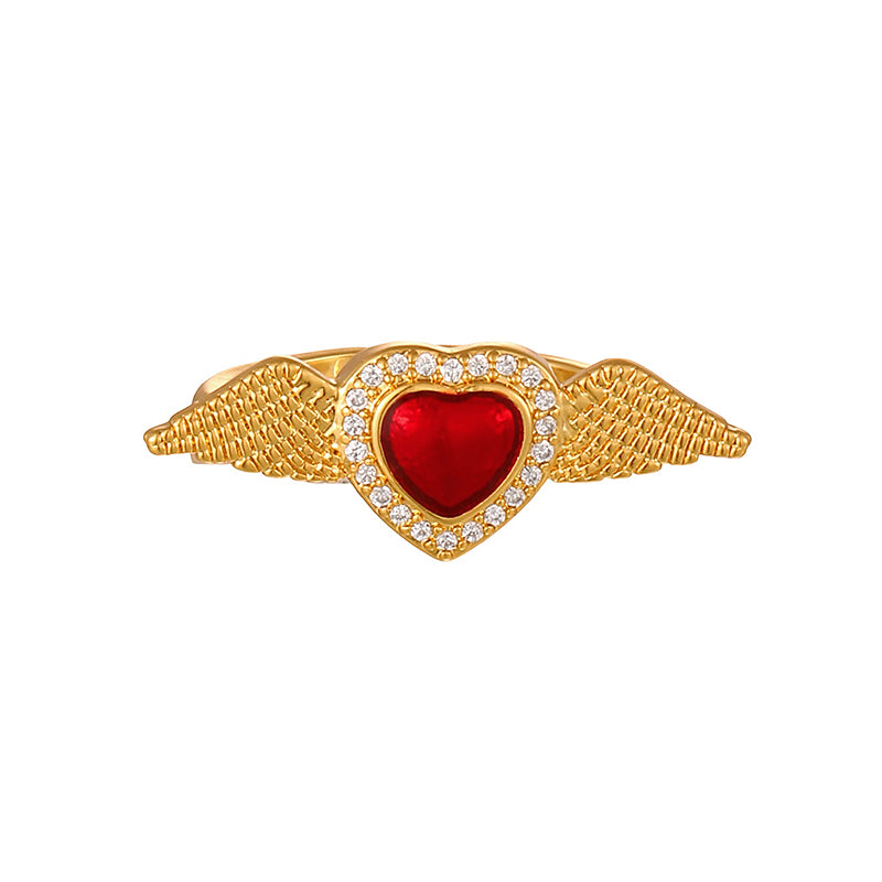 Red 2 Copper Ring With Zircon Setting And Irregular Heart-shaped Opening.