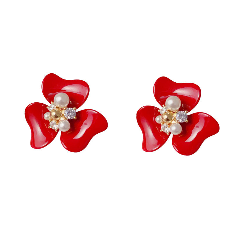 Red Pearl Petal Earrings With Diamond Embellishments (thickened With Real Gold Plating) Copper And Diamond-encrusted Petal Earrings