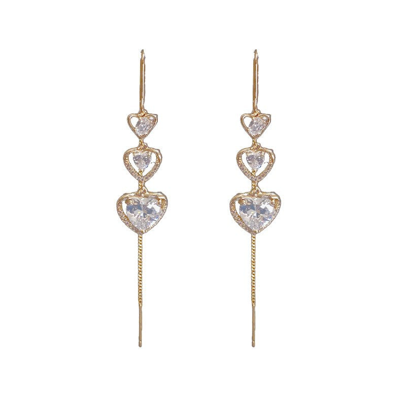 Gold-plated Zircon Heart-shaped Tassel Earrings (thickened With Real Gold Plating) Copper And Diamond Heart Earrings