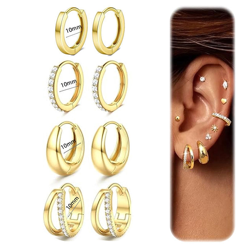 Gold 8-piece Set Bronze-plated Diamond-encrusted Round Earring Set