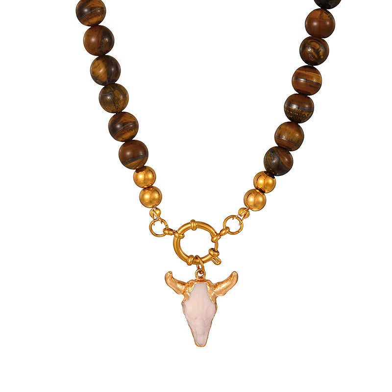 White + Gold Bull Head Titanium Steel Ring Buckle Natural Stone Bead Necklace